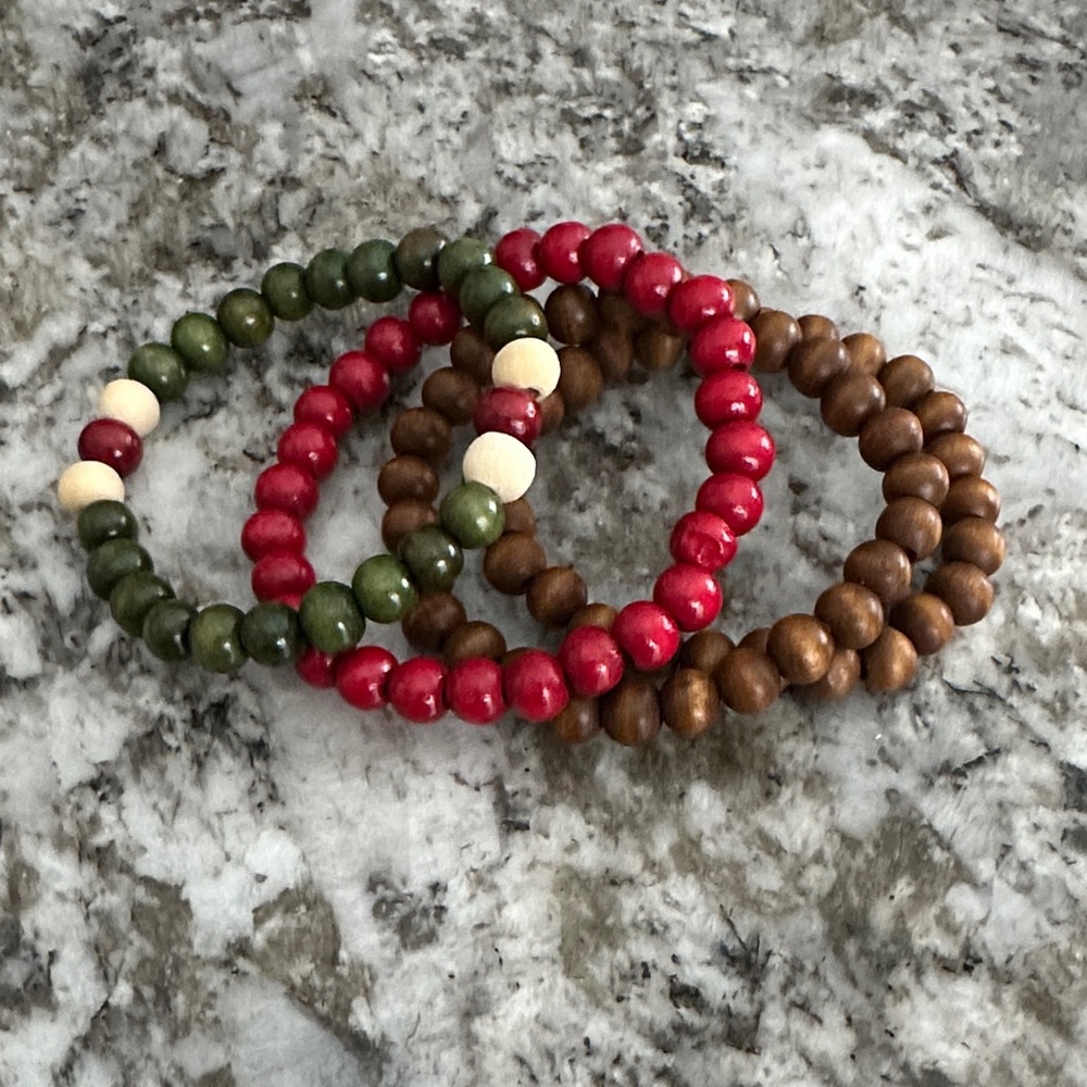 Wood Beaded Bracelet Set - Red, Green, and Brown